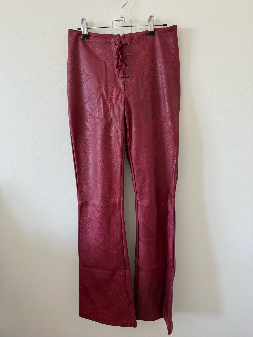 Burgundy Lace-Up Faux Leather Flared Pants